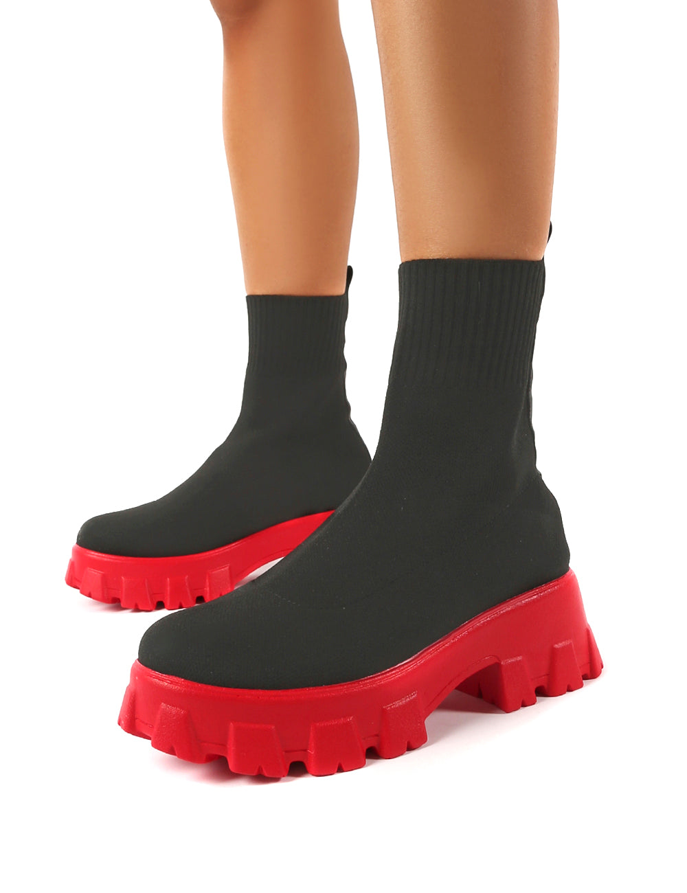 Trust Black and Red Chunky Platform Sole Sock Ankle Boots Public