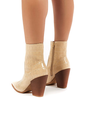 Shannon Beige Patent Croc Ankle Boots