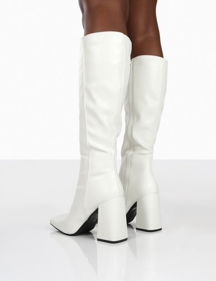 Apology White Pu Knee High Block Heel Boots | Public Desire