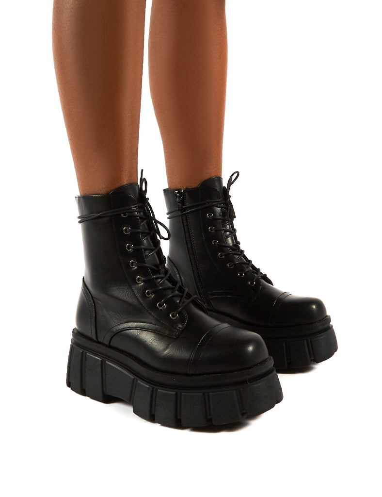 Trooper Black PU Lace Up Chunky Sole Ankle Boots | Public Desire