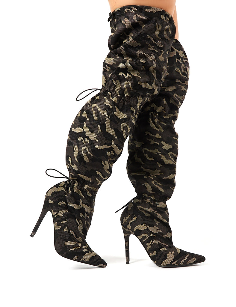 Harem Camo Stiletto Heeled Over the Knee Boots Public Desire