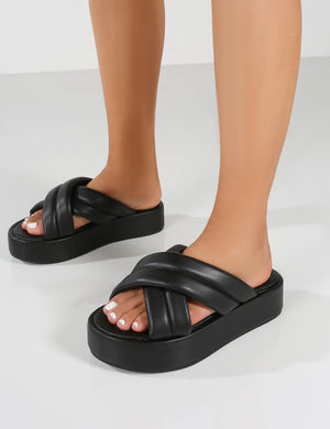 Kyla Wide Fit Black PU Padded Cross Over Sandals