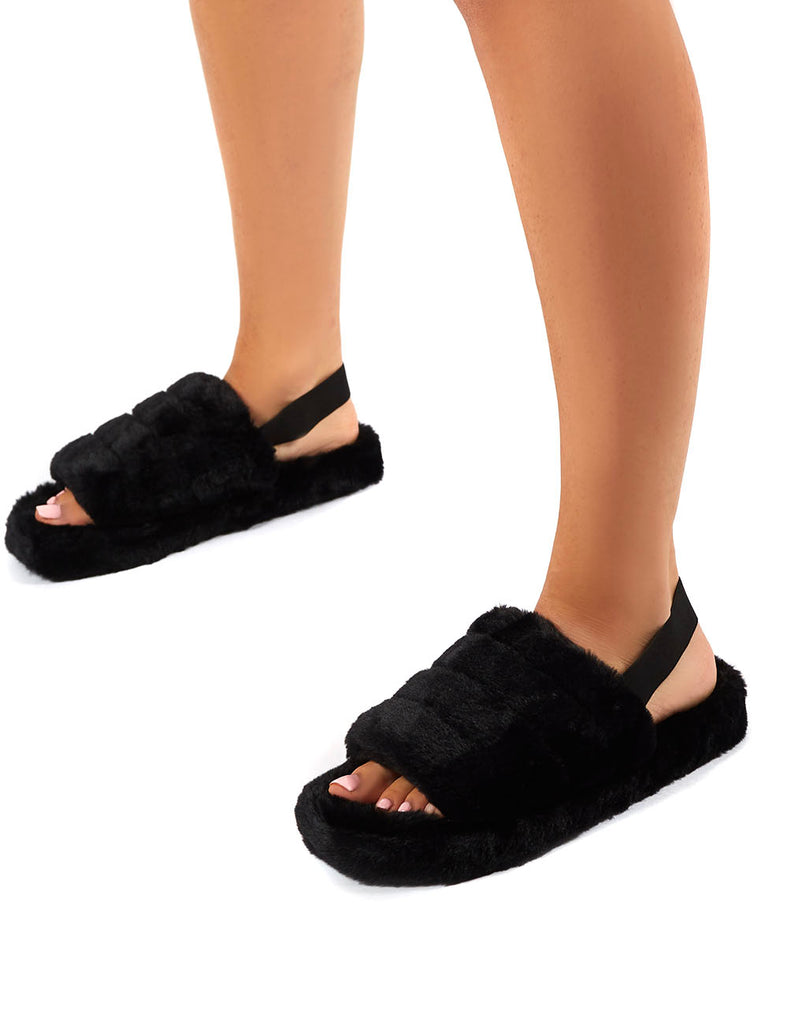 Fluffy slider slippers with back strap hot sale