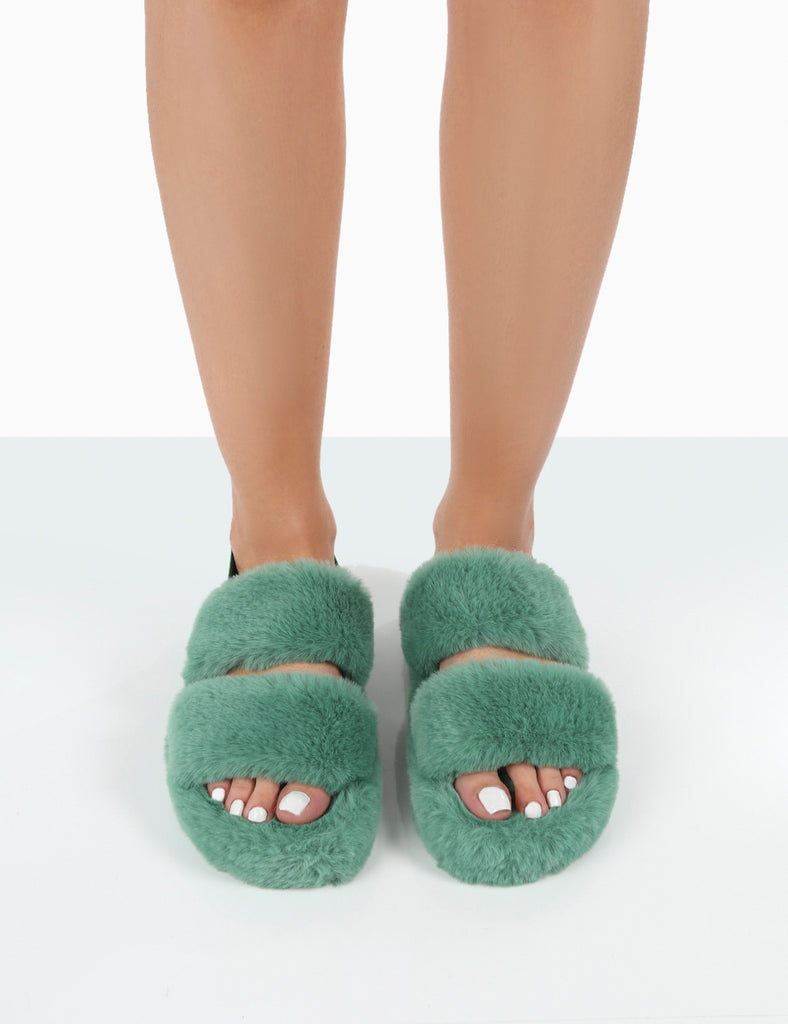 Fluffy discount green slippers