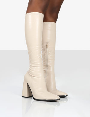 Caryn Stone Pu Wide Fit Knee High Heeled Boot | Public Desire