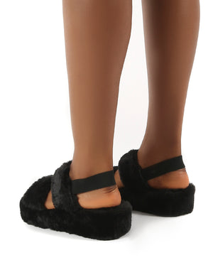 Dawn Black Strap Back Faux Fur Fluffy Slippers