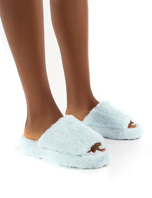 Snoozie Blue Faux Fur Chunky Platform Sole Sliders