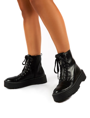 Blake Black PU Lace Up Chunky Sole Ankle Boots