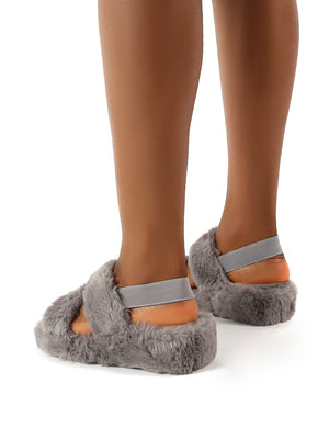 Dawn Grey Strap Back Faux Fur Fluffy Slippers