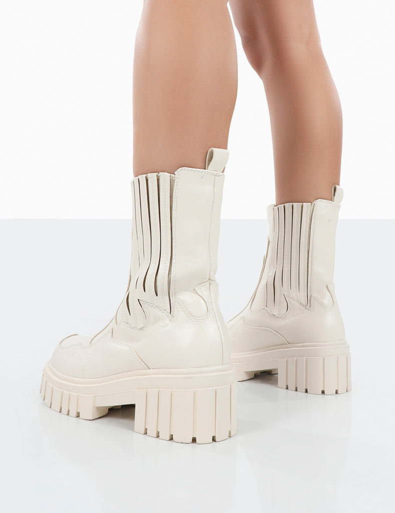 Consequence Ecru Drench Stitched Detail Chunky Sole Ankle Boots ...