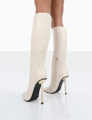 Tala Ecru PU Pointed Toe Stiletto Heel Knee High Boots