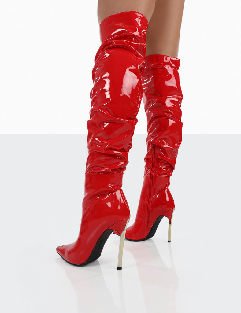 Energy Red Patent Pointed Toe Over The Knee Heeled Boots | Public Desire