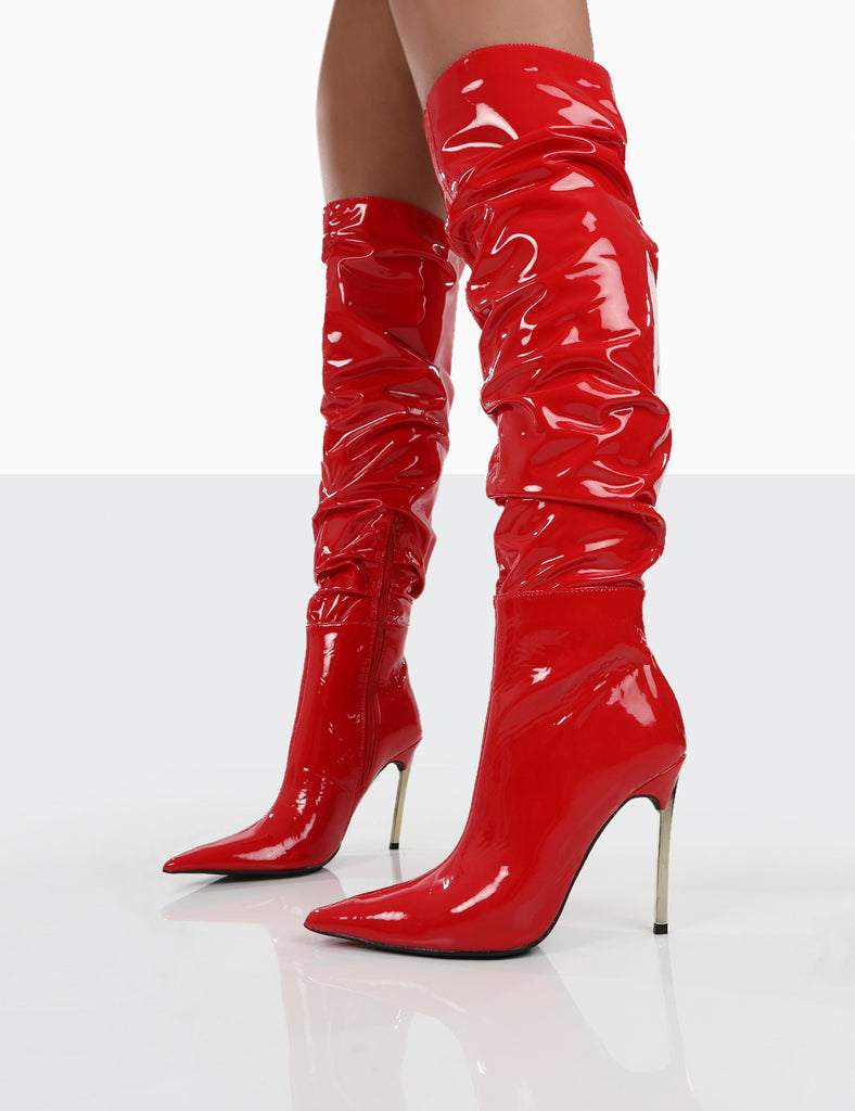 Energy Red Patent Pointed Toe Over The Knee Heeled Boots | Public Desire