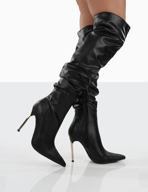 Energy Black PU Pointed Toe Over The Knee Heeled Boots