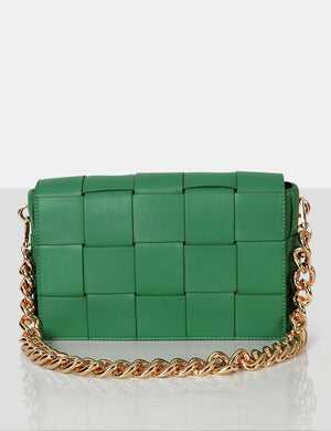 The Mayan Green Weave Gold Chain Detail Shoulder Bag