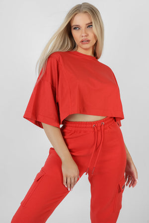 Exposed Seam Oversized Cropped T-Shirt Red