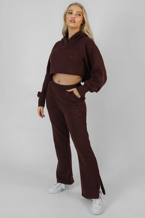 Embroidered Cropped Hoodie Dark Brown