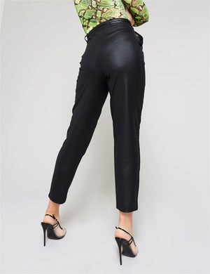 Black PU Paperbag Waist Belted Trousers