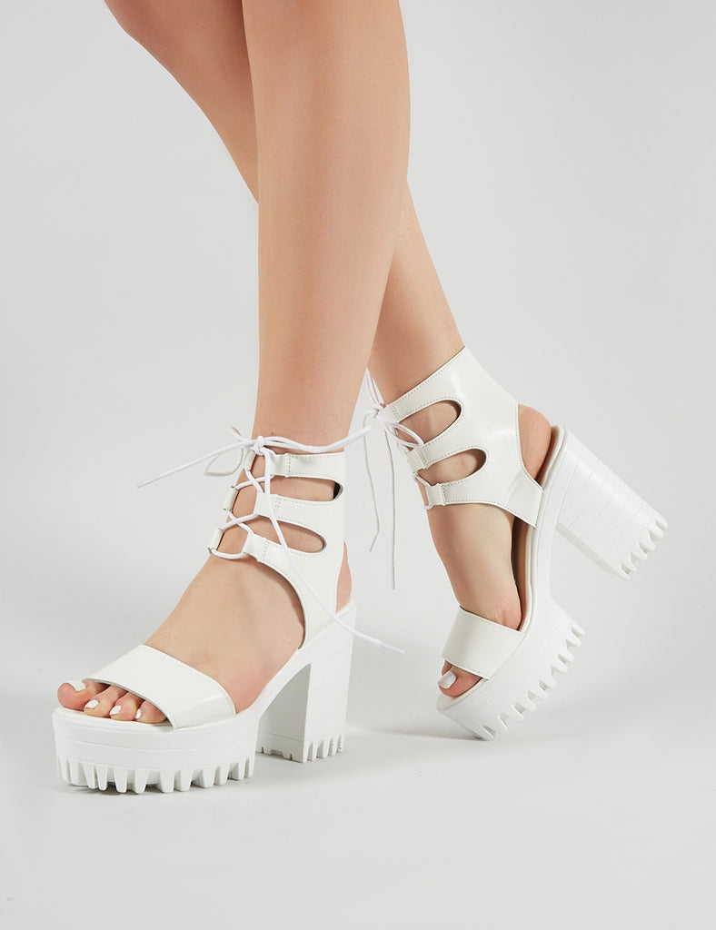 Hailey Lace Up Chunky Heels in White PU | Public Desire