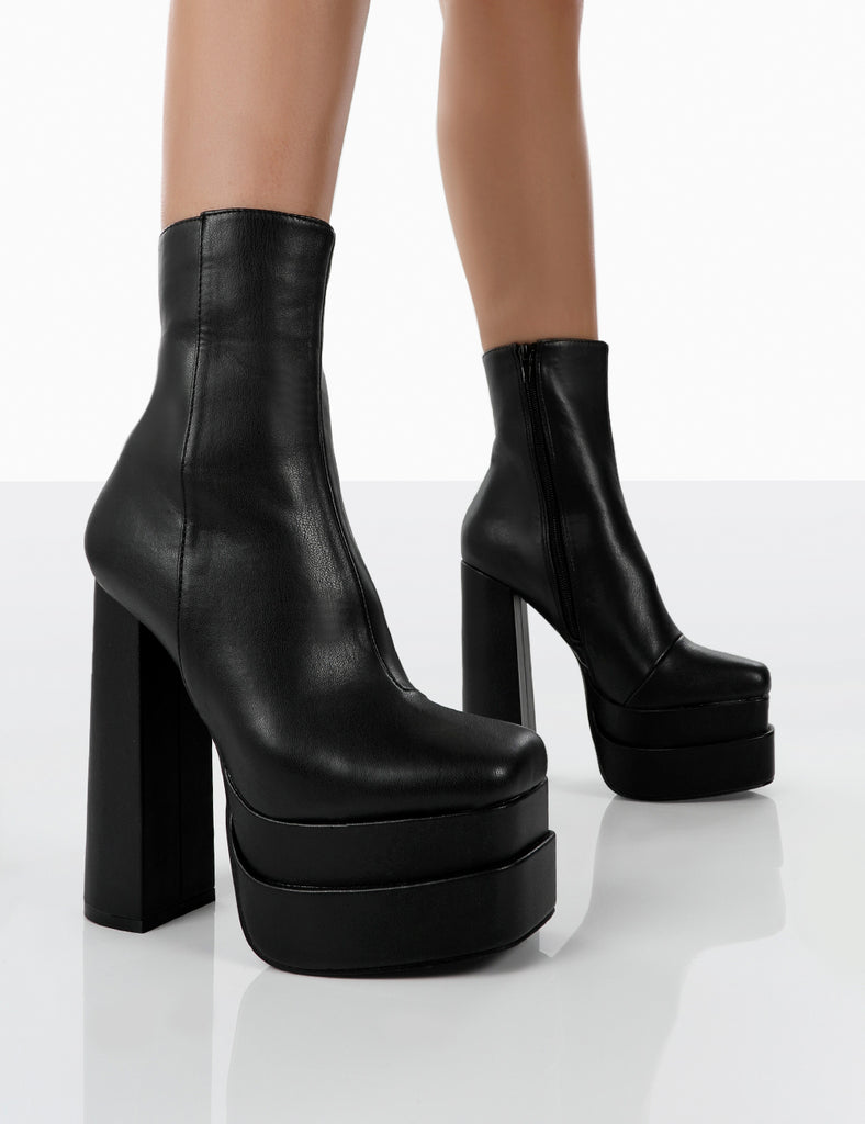 Supine Wide Fit Black Pu Chunky Platform High Heeled Ankle Boots ...