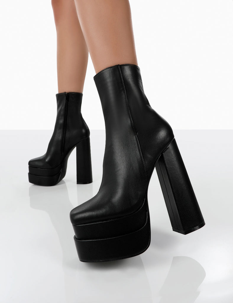 Supine Wide Fit Black Pu Chunky Platform High Heeled Ankle Boots ...