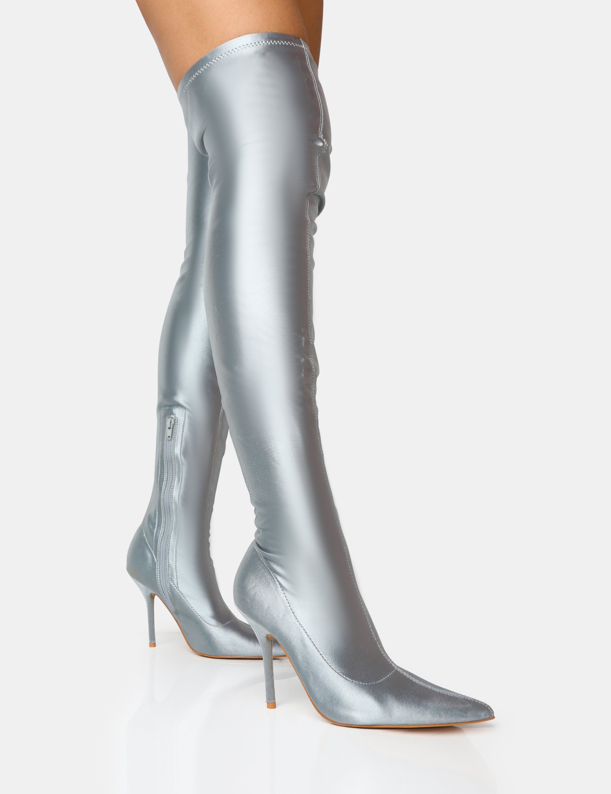 Silver thigh high strappy sales heels