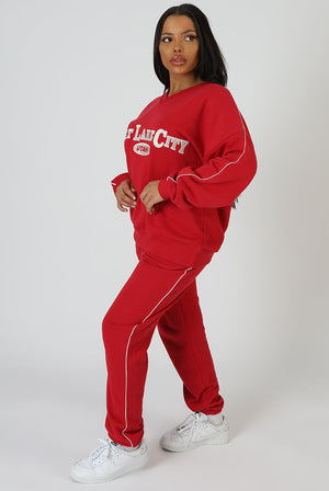 Oversized Varsity Piping Detail Sweatshirt Red