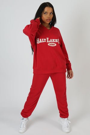 Oversized Varsity Piping Detail Sweatshirt Red