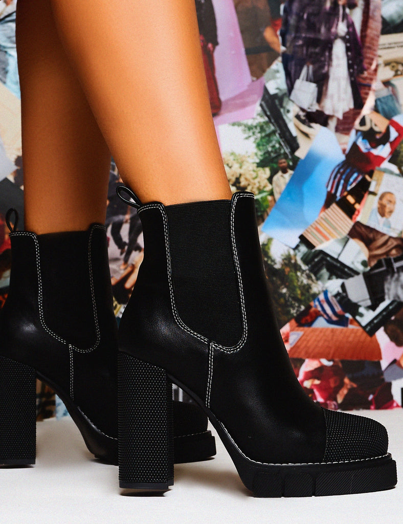 Antix Black Contrast Stitch Platform Block Heeled Ankle Boots | Public ...