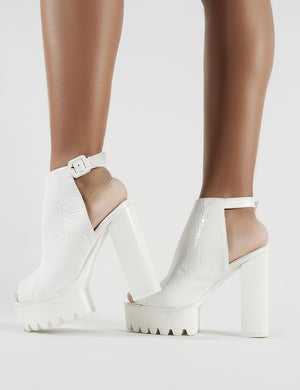 Jada Cleated Platform Block Heels in White Croc