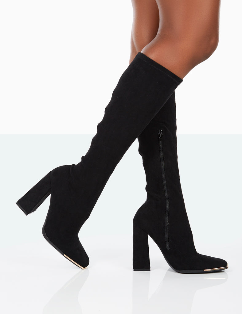 Caryn Black Suede Knee High Heeled Boots | Public Desire