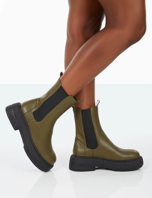 Barbie Dark Khaki Pu Platform Chunky Sole Chelsea Boots