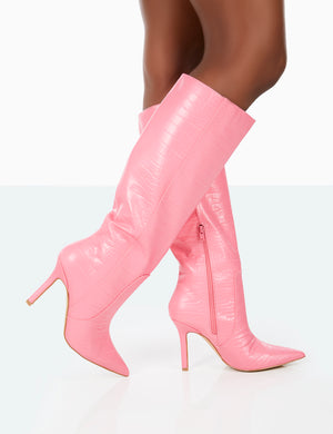 Best Believe Pink Croc Pointed Toe Heeled Stiletto Knee High Boots