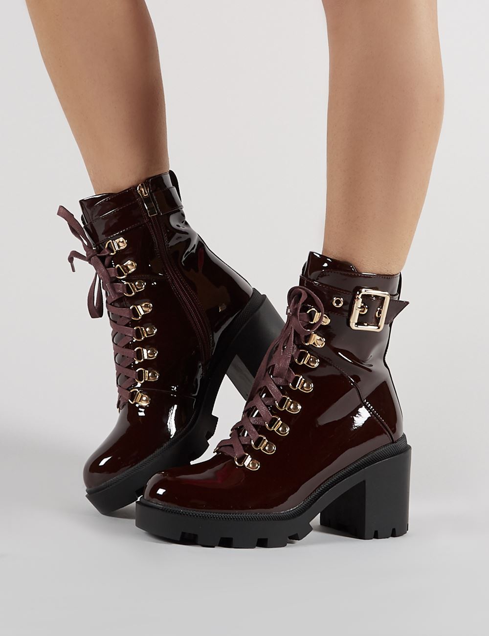 Swag Lace Up Ankle Boots in Burgundy Patent Public Desire