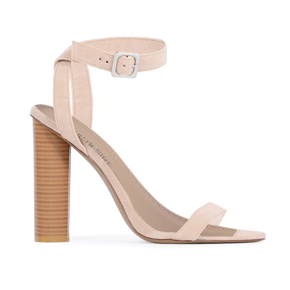 Carmela Barely There Wood Effect Heels in Nude Faux Suede | Public Desire