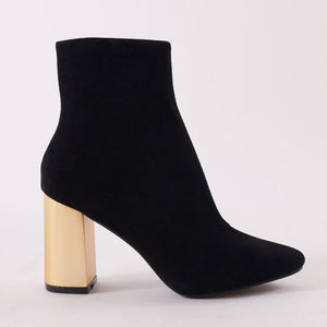 Zodiac Statement Block Heel Ankle Boots In Black Faux Suede