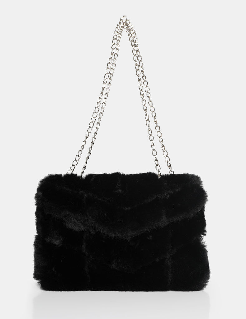 The Marshmallow Black Faux Fur Shoulder Bag | Public Desire