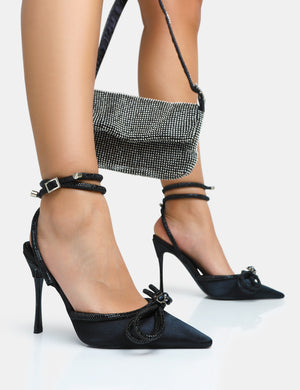 Midnight Black Satin Wrap Around Black Diamante Bow Pointed Toe High Heels