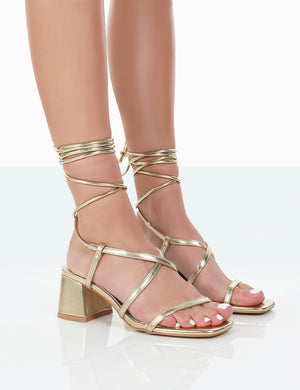 Mabel Gold Metallic Ankle Tie Block Heeled Sandals