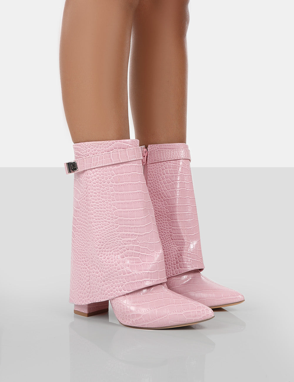 Fyre Baby Pink Croc Pointed Toe Block Heeled Ankle Boots