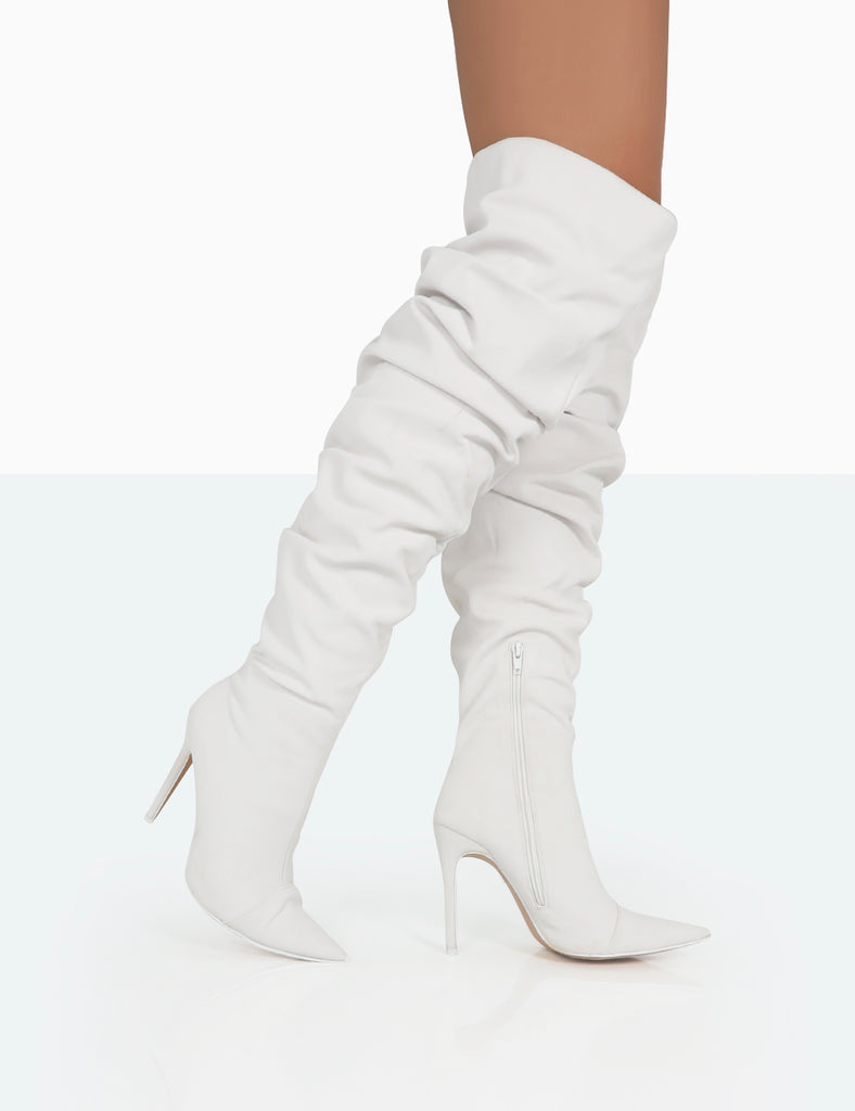 Lariza Off White Faux Suede Pointed Toe Stiletto Over the Knee Boots ...