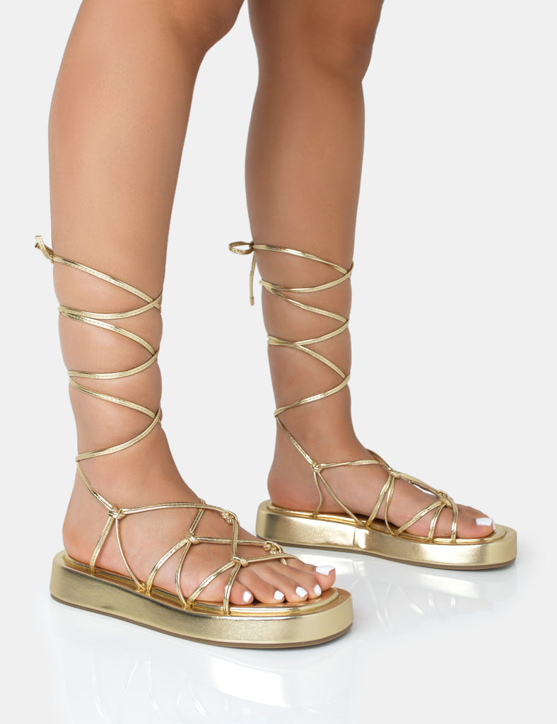 Babygirl Gold Flatform Lace Up Sandals Public Desire