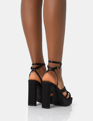 Viola Black Satin Strappy Square Toe Platform Flat Block Heels