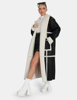 Borg Trimmed Longline Aviator Coat Black and White