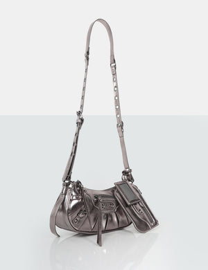 Public Desire The Trackstar Metallic Silver Studded Mirror Zip Detail  Handbag