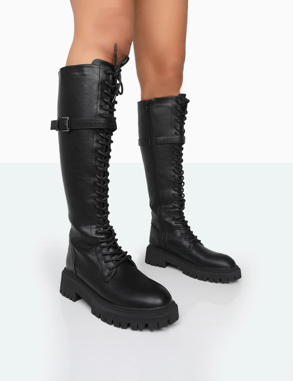 Lainey Black Pu Chunky Sole Lace Up Knee High Boots Public Desire