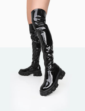 Patent knee outlet high flat boots