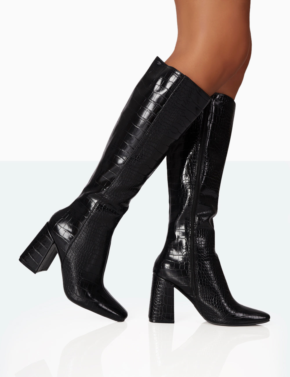 Apology Black Patent Croc Knee High Block Heel Boots Public Desire