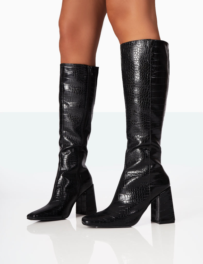 Apology Black Patent Croc Knee High Block Heel Boots | Public Desire