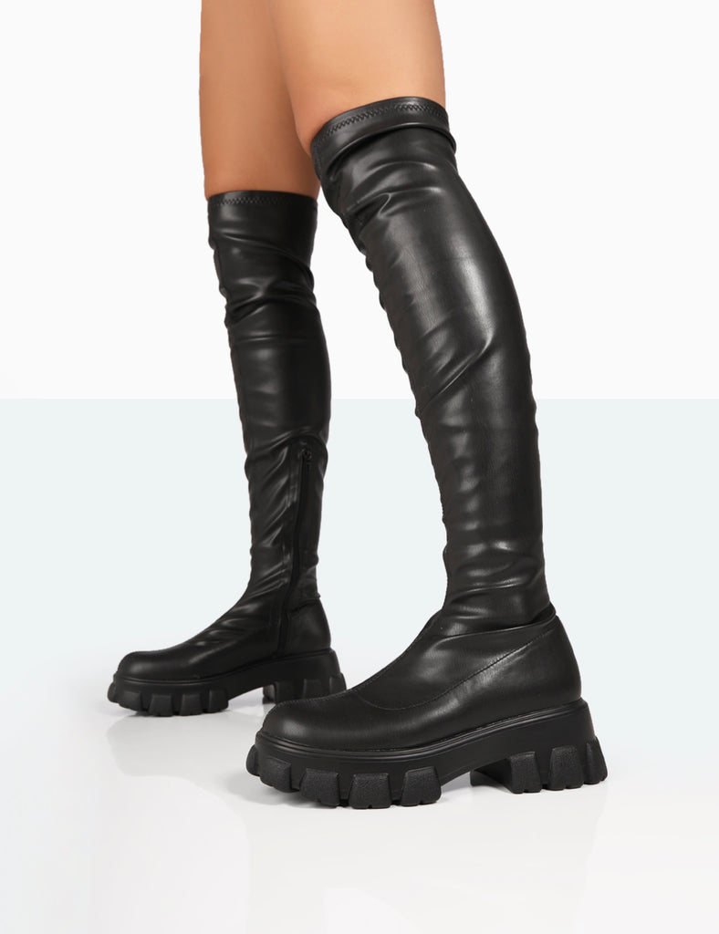 Junya Black PU Over The Knee Chunky Sole Boots | Public Desire